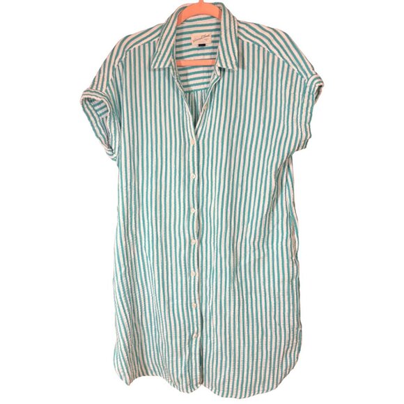 Universal Thread Green White Striped Seersucker Shirt Dress Button Front Size M - Picture 2 of 9